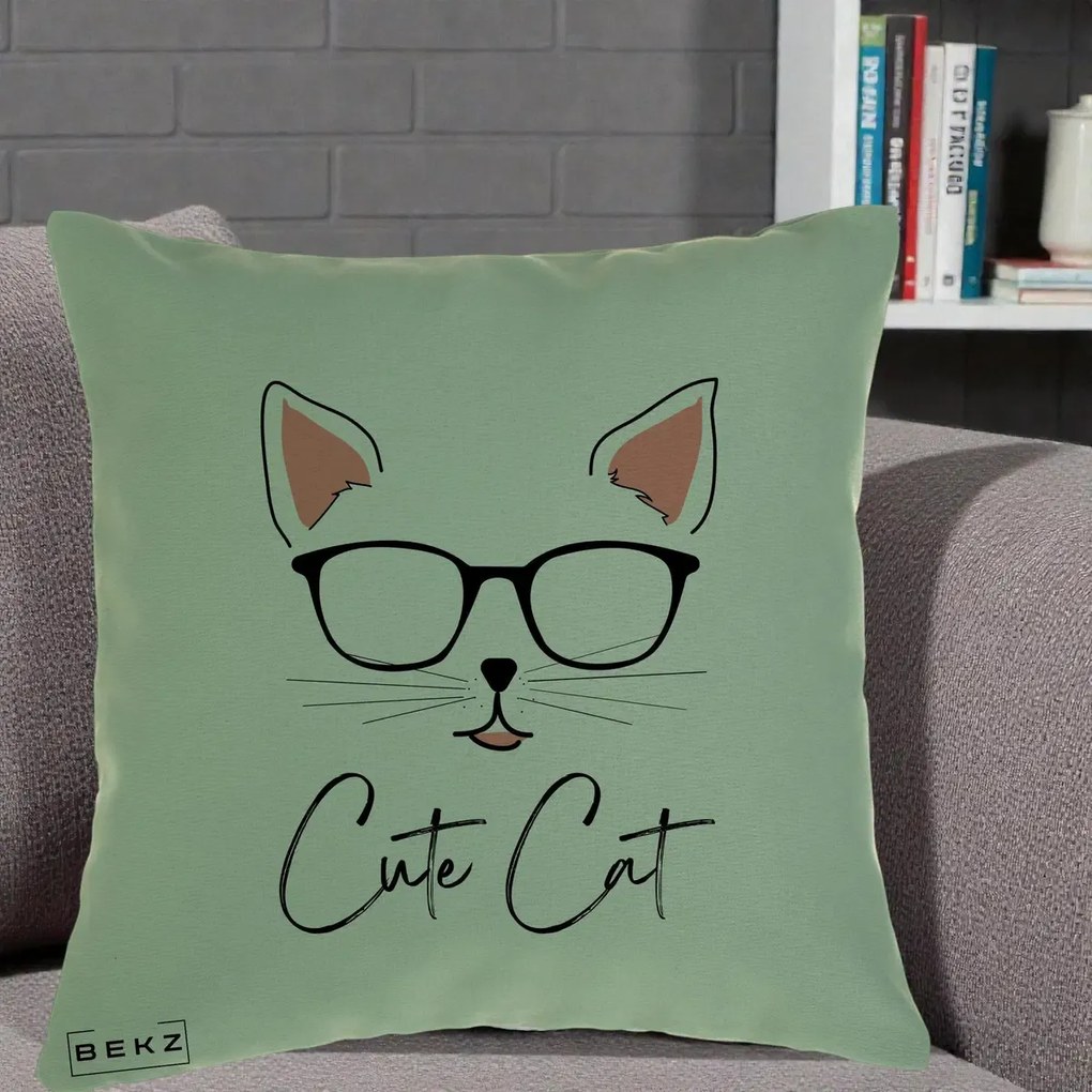Perna Personalizata Cute Cat cu Ochelari, 40x40 cm, Verde, Husa Detasabila, Perna Inclusa, BEKZ®
