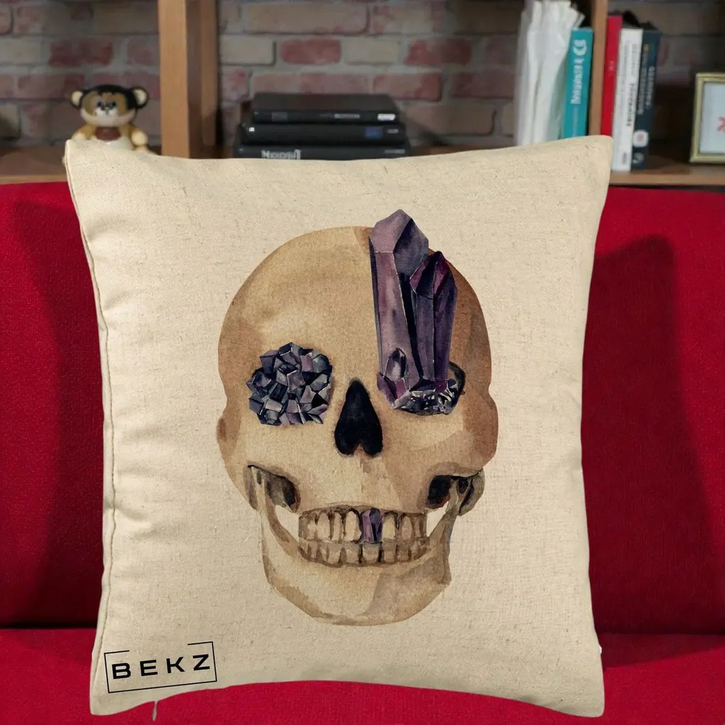 Perna Decorativa Craniu cu Cristale de Ametist, 40x40 cm, Bej, Husa Detasabila, Perna Inclusa, BEKZ®