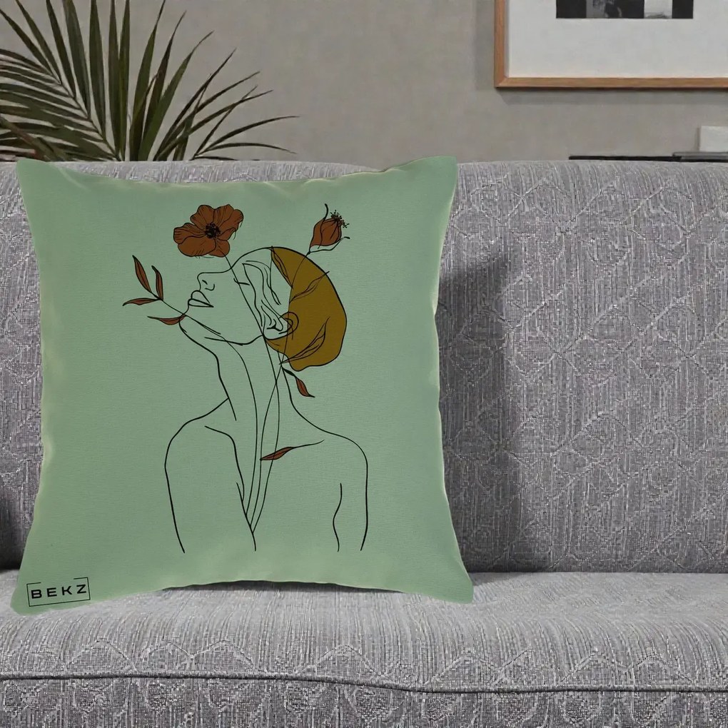 Perna Decorativa Portret Feminin Mac Privire Inalta, 40x40 cm, Verde, Husa Detasabila, Perna Inclusa, BEKZ®