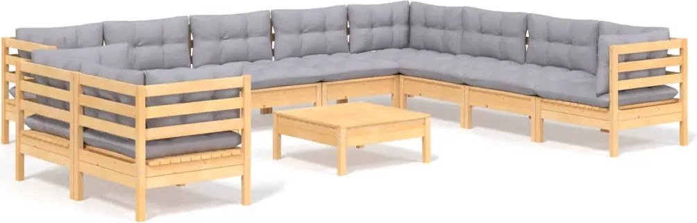vidaXL Set mobilier de grădină cu perne, 11 piese, gri, lemn masiv pin