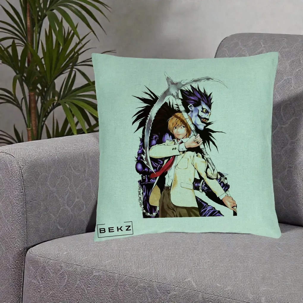 Perna Personalizata Death Note Light si Ryuk Duo, 40x40 cm, Verde Menta, Husa Detasabila, Perna Inclusa, BEKZ®