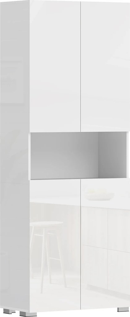 HOMCOM Dulap Bucătărie Înalt 180cm, Mobilier Depozitare cu Uși Soft-Close, Raft Deschis, 2 Dulapuri, Rafturi Ajustabile, Stil Modern pentru Sufragerie sau Bucătărie, Alb Lucios | Aosom Romania