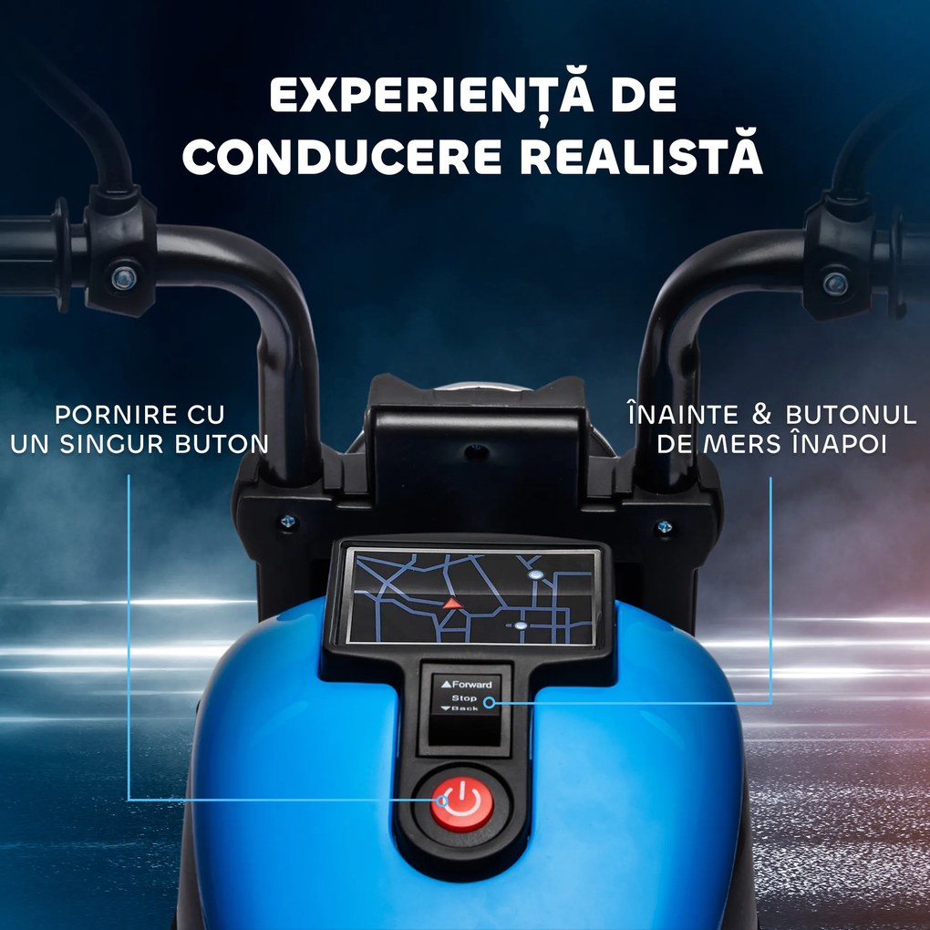 Motocileta Electrica de 6V, Roti de Antrenament, Baterii, un Singur Buton de Pornire, Pedala, Far, 18-36 luni, Albastru HOMCOM | Aosom Romania