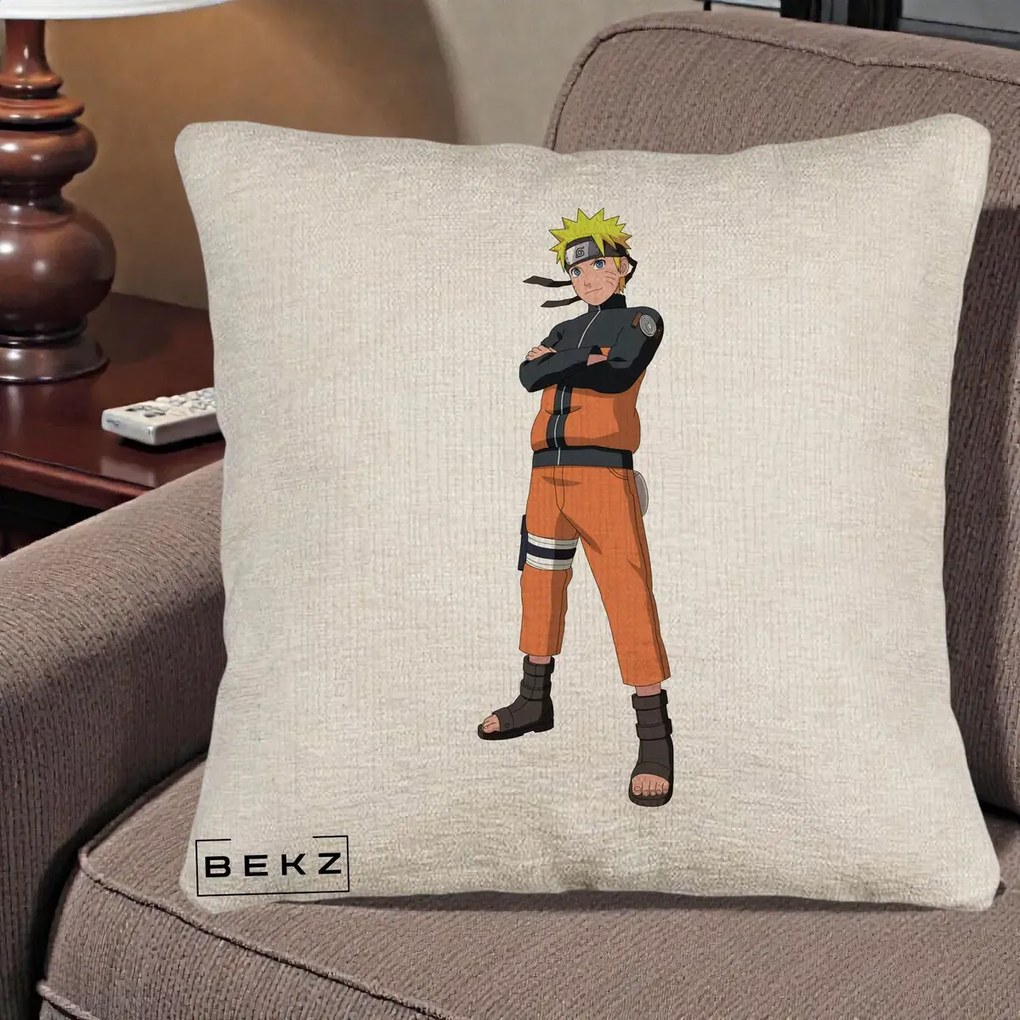 Perna Personalizata Naruto Uzumaki Portret Complet, 40x40 cm, Bej Canapea, Husa Detasabila, Perna Inclusa, BEKZ®