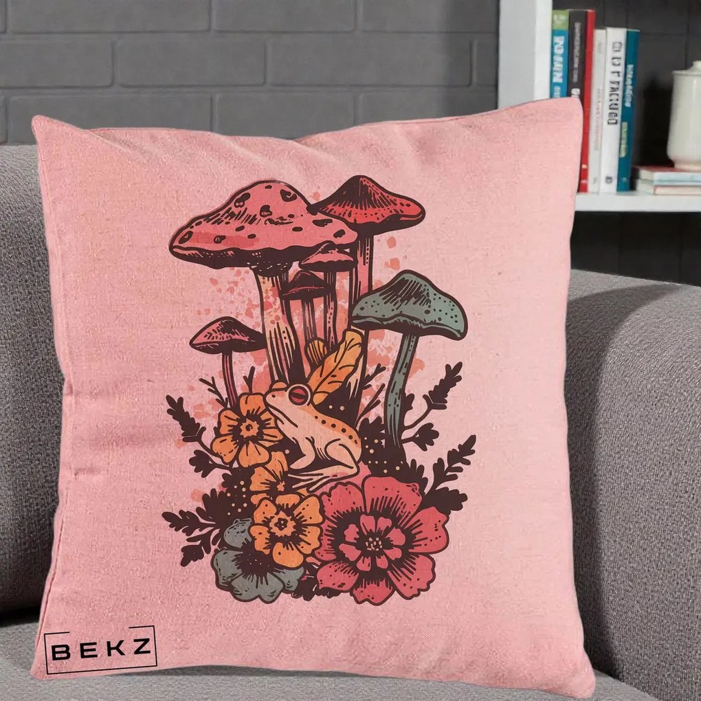 Perna Decorativa Ciuperci si Broaste Boho, 40x40 cm, Roz, Husa Detasabila, Perna Inclusa, BEKZ®