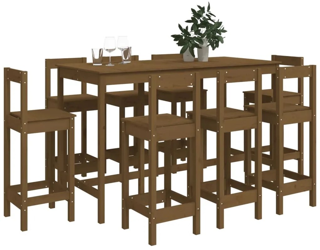 Set mobilier de bar, 9 piese, maro miere, lemn masiv de pin