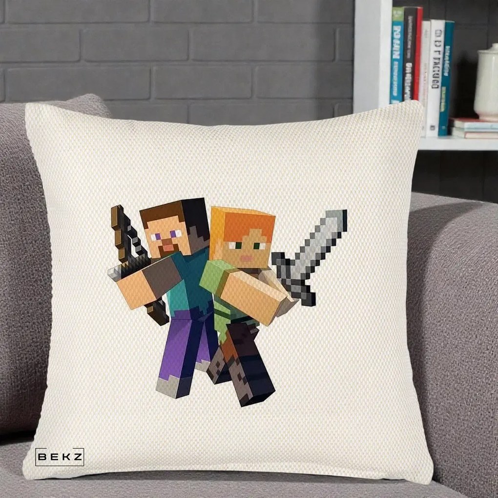 Perna Personalizata Minecraft Steve si Alex, 40x40 cm, Crem Reliefat, Husa Detasabila, Perna Inclusa, BEKZ®