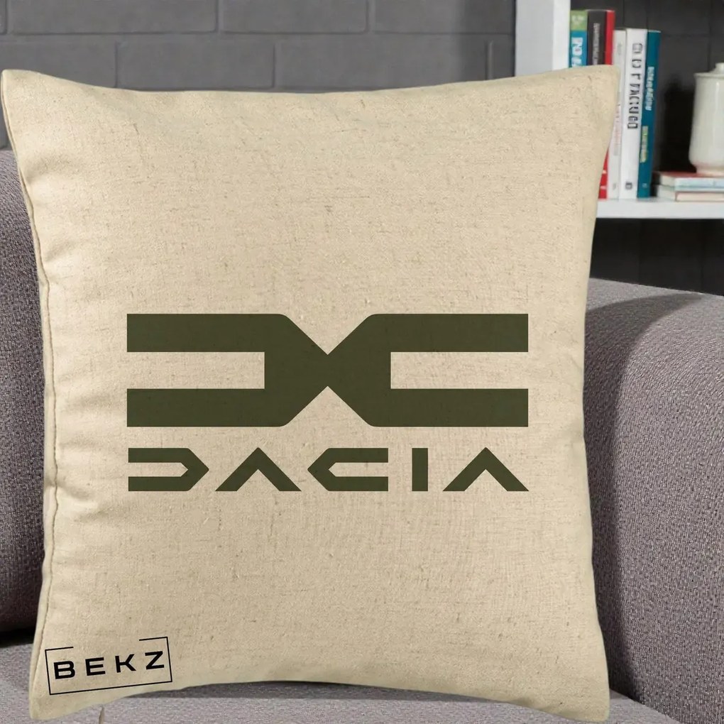 Perna Personalizata cu emblema Dacia, 40x40 cm, Bej, Husa Detasabila, Perna Inclusa, BEKZ®
