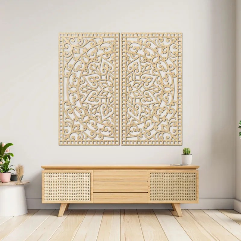 SENTOP | Pictură Mandala din lemn, 2 piese – Decorațiune murală sculptată - FLOUFER
