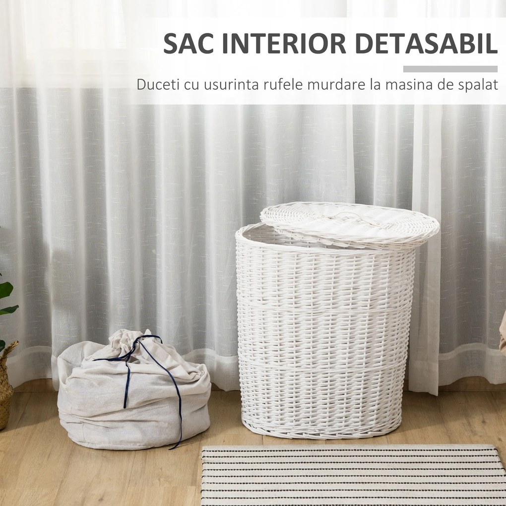 HOMCOM Coș de Rufe din Răchită cu Capac și Sac Interior Lavabil, Design Elegant, Alb | Aosom România