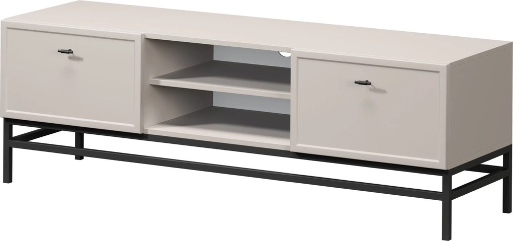 Comodă TV Lorini 150 cm cu sertare - culoare cașmir / mânere tip T-bar și cadru negre