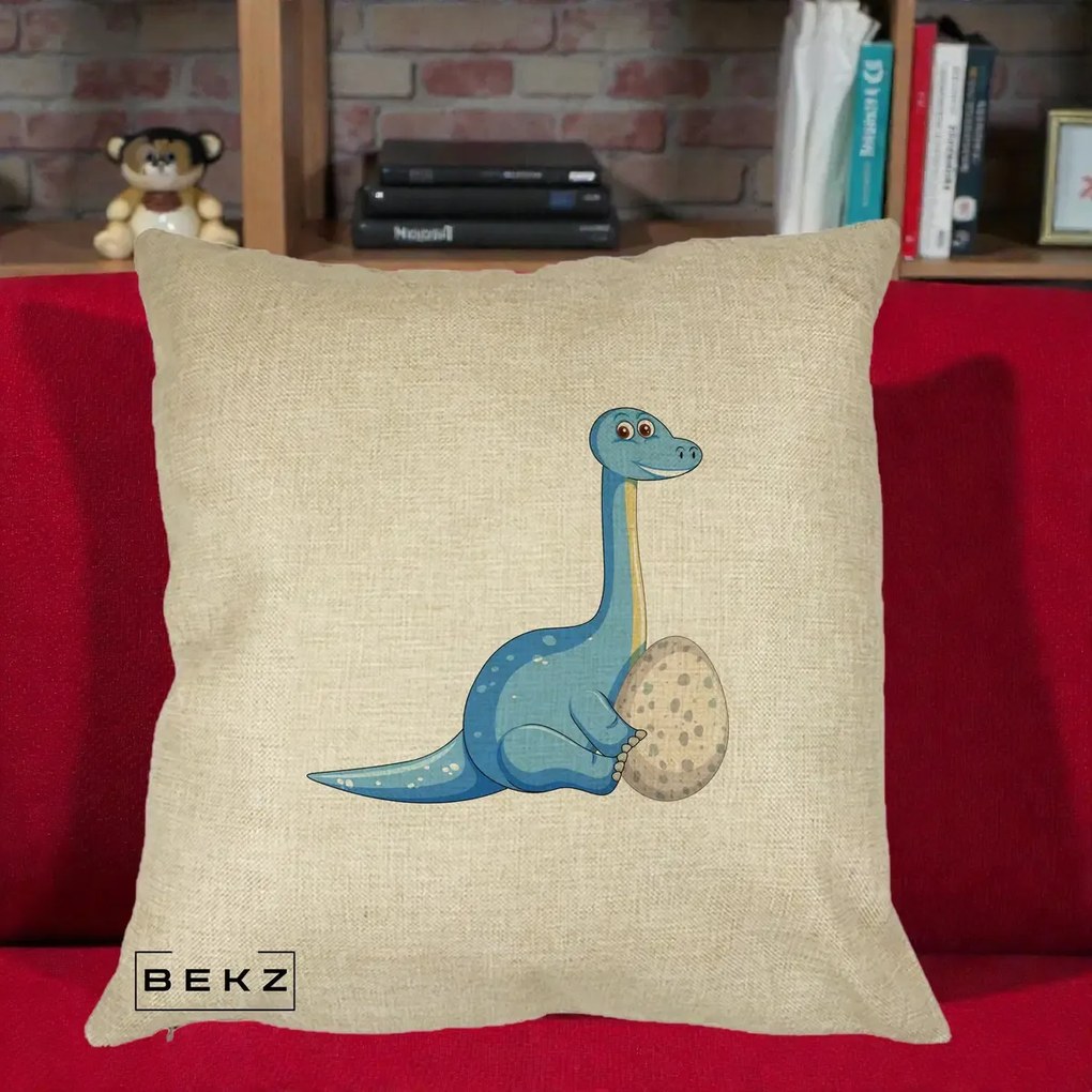 Perna Decorativa Brontosaur cu Ou, 40x40 cm, Crem, Husa Detasabila, Perna Inclusa, BEKZ®