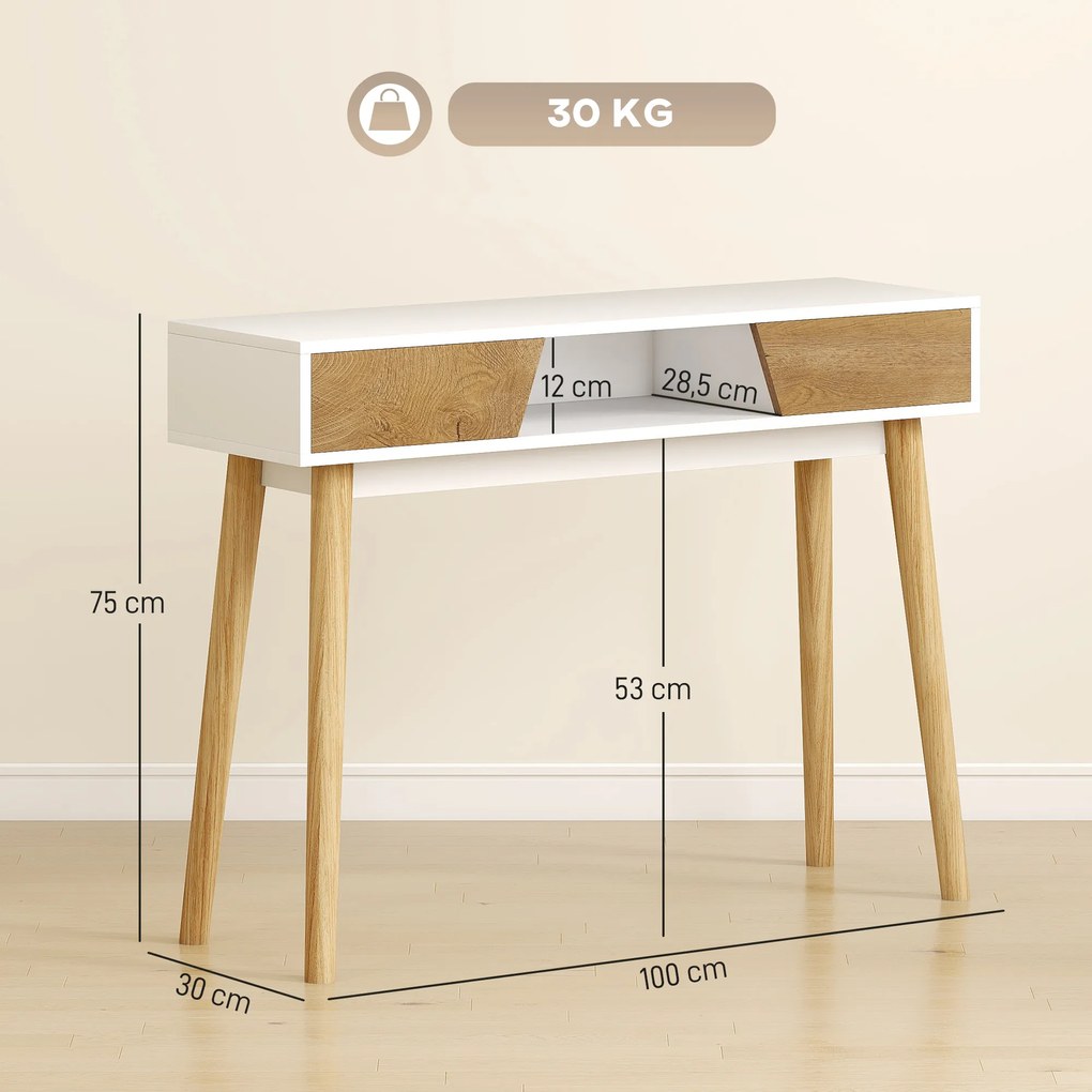 HOMCOM Consolă de intrare cu 2 sertare, compartiment și picioare din lemn pentru hol, intrare, living, alb | Aosom Romania