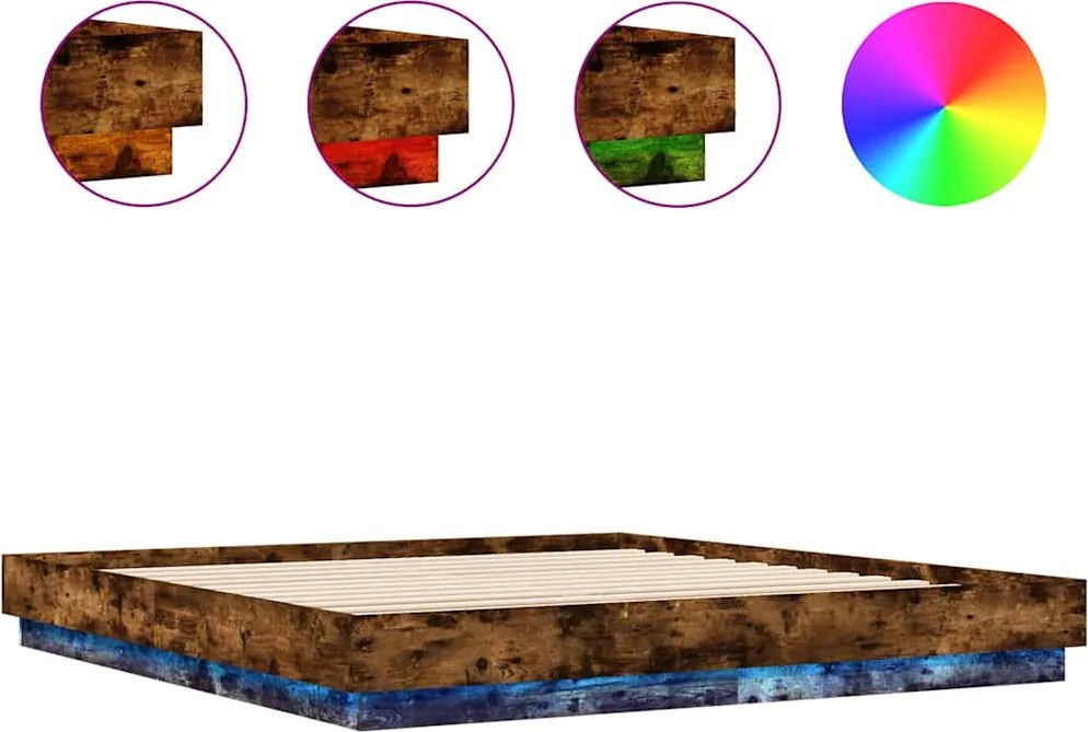 vidaXL Cadru de pat cu lumini LED, stejar fumuriu, 180x200 cm