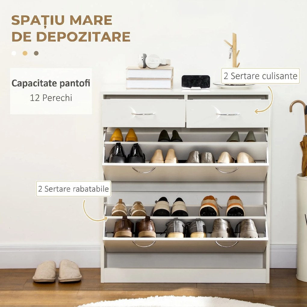 HOMCOM Etajeră pentru Pantofi, 12 Perechi, cu 2 Rafturi Interioare Reglabile și 2 Sertare, din Lemn, 80x30x91.5 cm, Alb | Aosom Romania