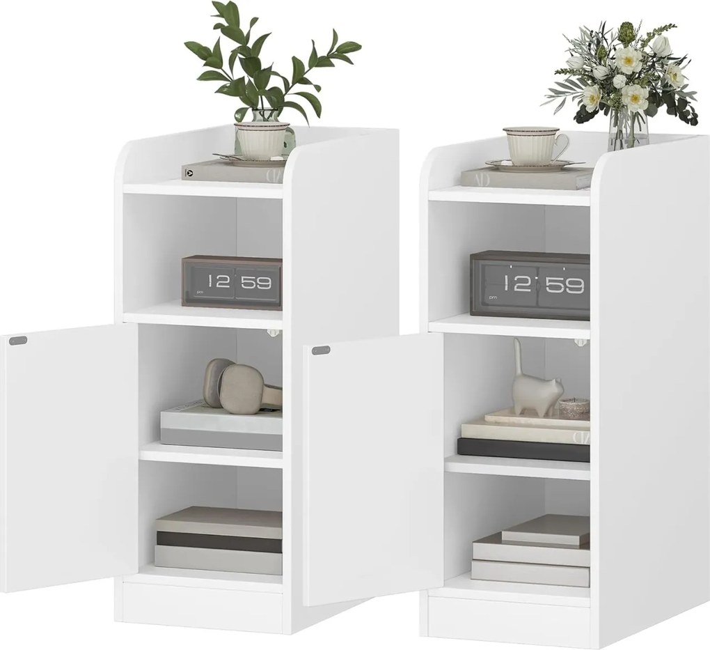 NOA78 - Set 2 Noptiere, 24 cm, foarte inguste, cu Raft si Dulapior - Alb