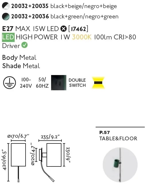 Aplica perete cu reader LED design modern GUADALUPE verde