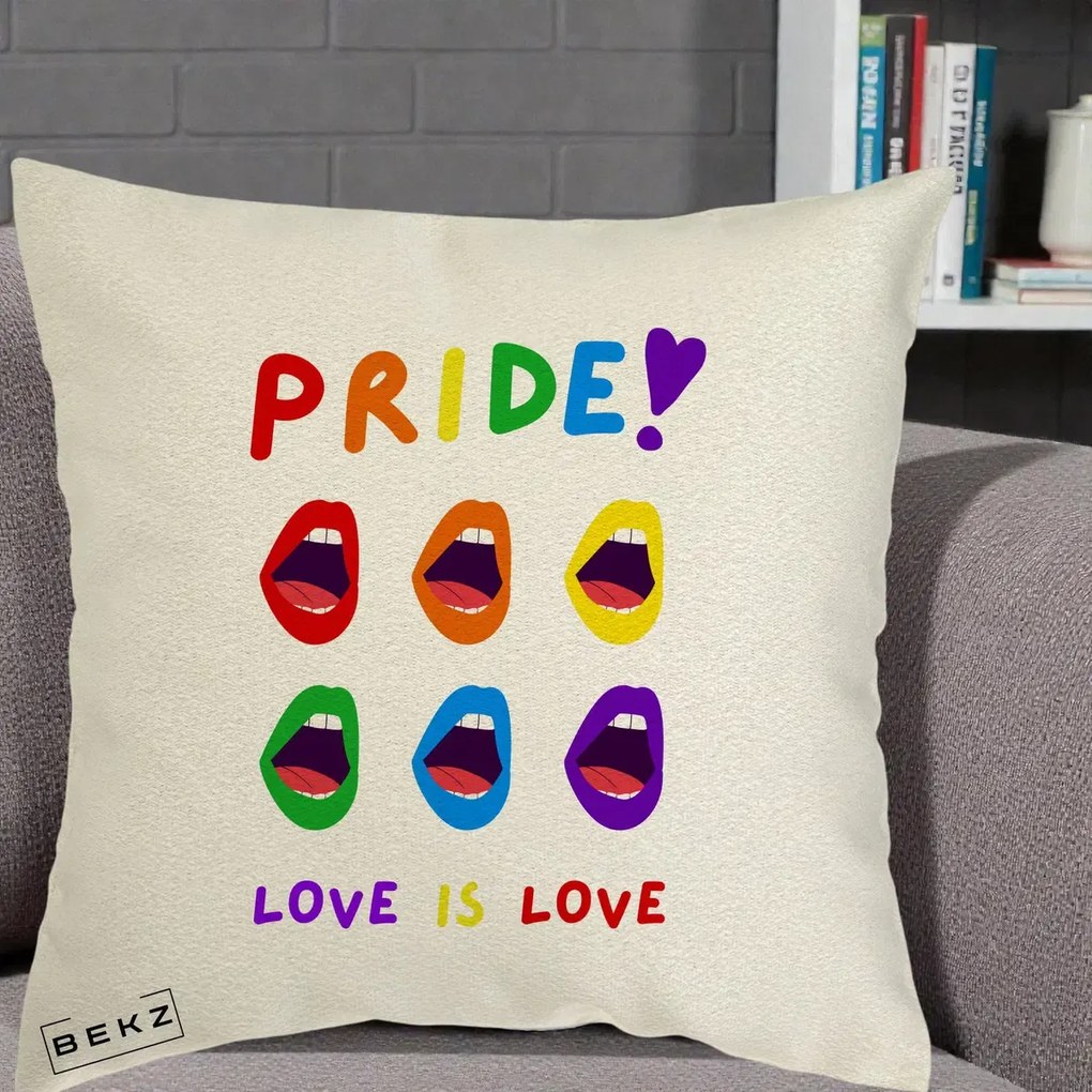 Perna Personalizata Pride Love is Love Curcubeu, 40x40 cm, Ecru, Husa Detasabila, Perna Inclusa, BEKZ®