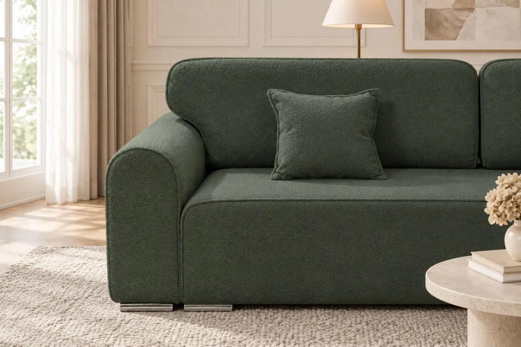 Canapea extensibilă Fiorella din boucle, verde, cu ladă de depozitare