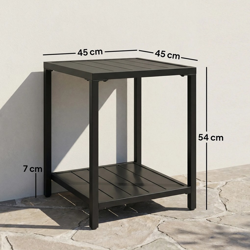 Outsunny Măsuță laterală 45 x 45 cm, rezistentă la intemperii, masă de grădină cu design cu lamele, raft, picioare reglabile, suport 30 kg | Aosom Romania