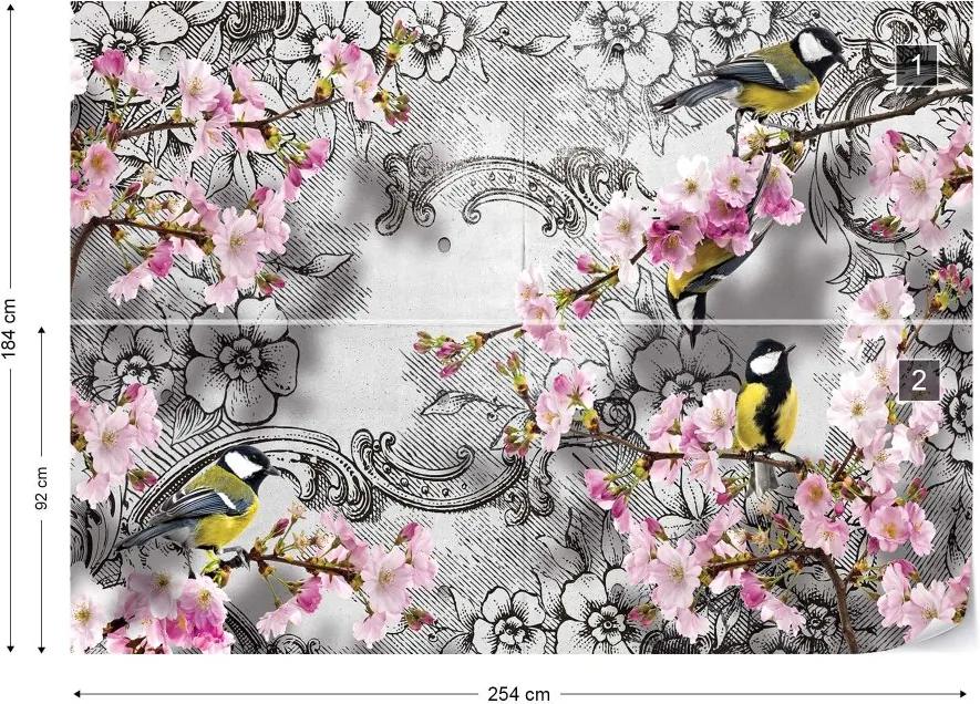 GLIX Fototapet - Birds And Cherry Blossom Flowers Vintage Design Vliesová tapeta  - 254x184 cm