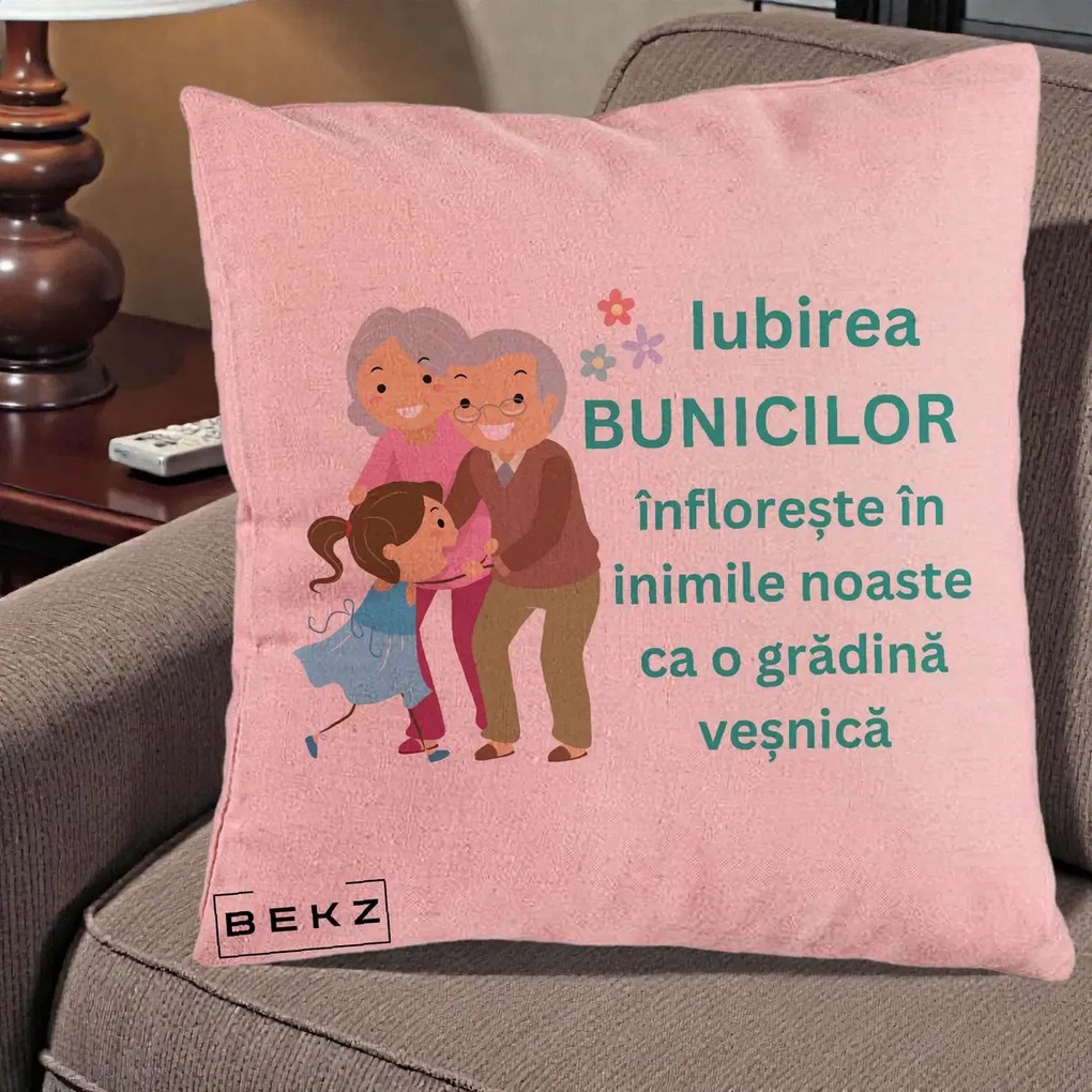 Cadou pentru Bunici - Perna Personalizata Bunicii Iubirea Infloreste cu Nepoata Teal, 40x40 cm, Roz, Husa Detasabila, Perna Inclusa, BEKZ®