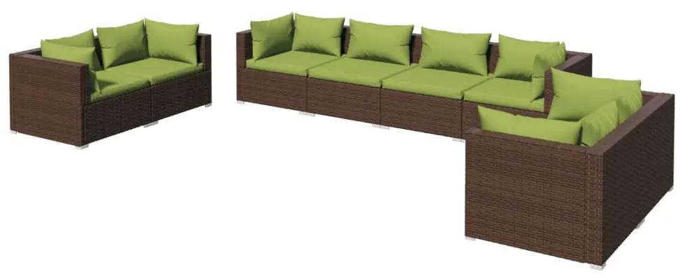 Set mobilier de gradina cu perne, 8 piese, maro, poliratan maro si verde, 6x colt + 2x mijloc, 1