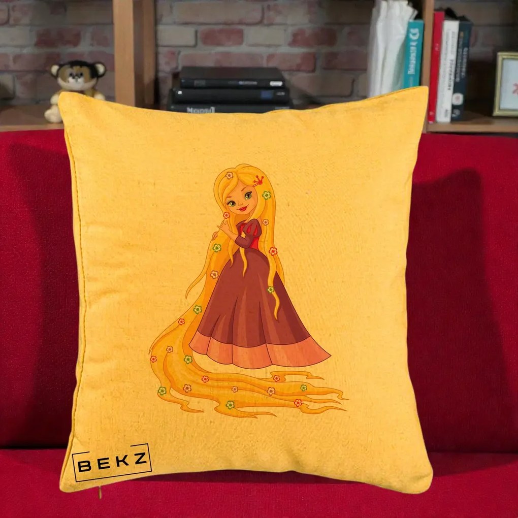 Perna Personalizata Rapunzel Par Lung Floral, 40x40 cm, Galben, Husa Detasabila, Perna Inclusa, BEKZ®