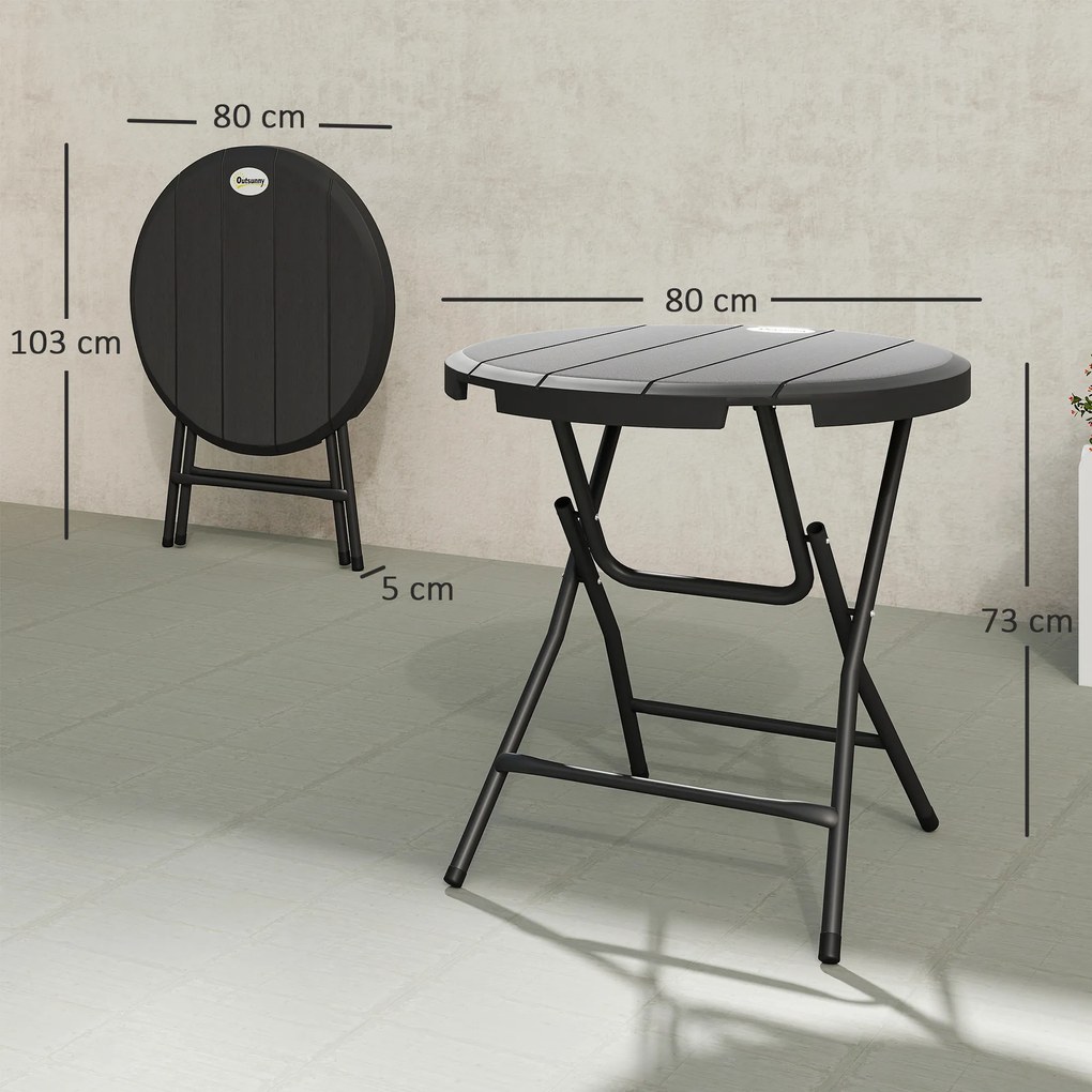 Outsunny Masă de Grădină, rotundă, pliabilă, pentru 4 persoane, efect lemn, oțel+plastic, gri închis, 80 x 80 x 73 cm | Aosom Romania