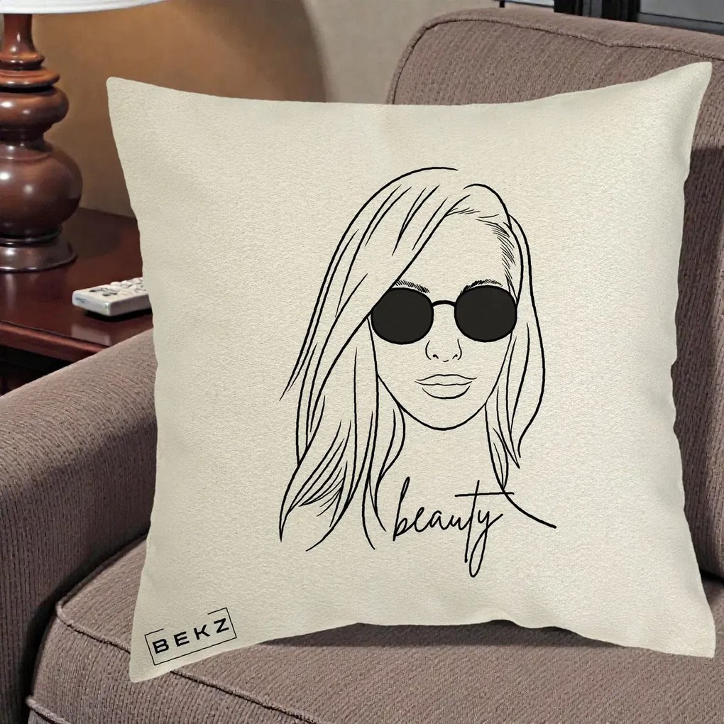 Perna Decorativa Beauty Girl Line Art, 40x40 cm, Ecru, Husa Detasabila, Perna Inclusa, BEKZ®