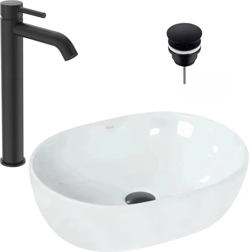 Pachet lavoar pe blat Rea alb 48 cm, baterie lavoar Ideal Standard Ceraline negru si ventil lavoar Click-Clack negru