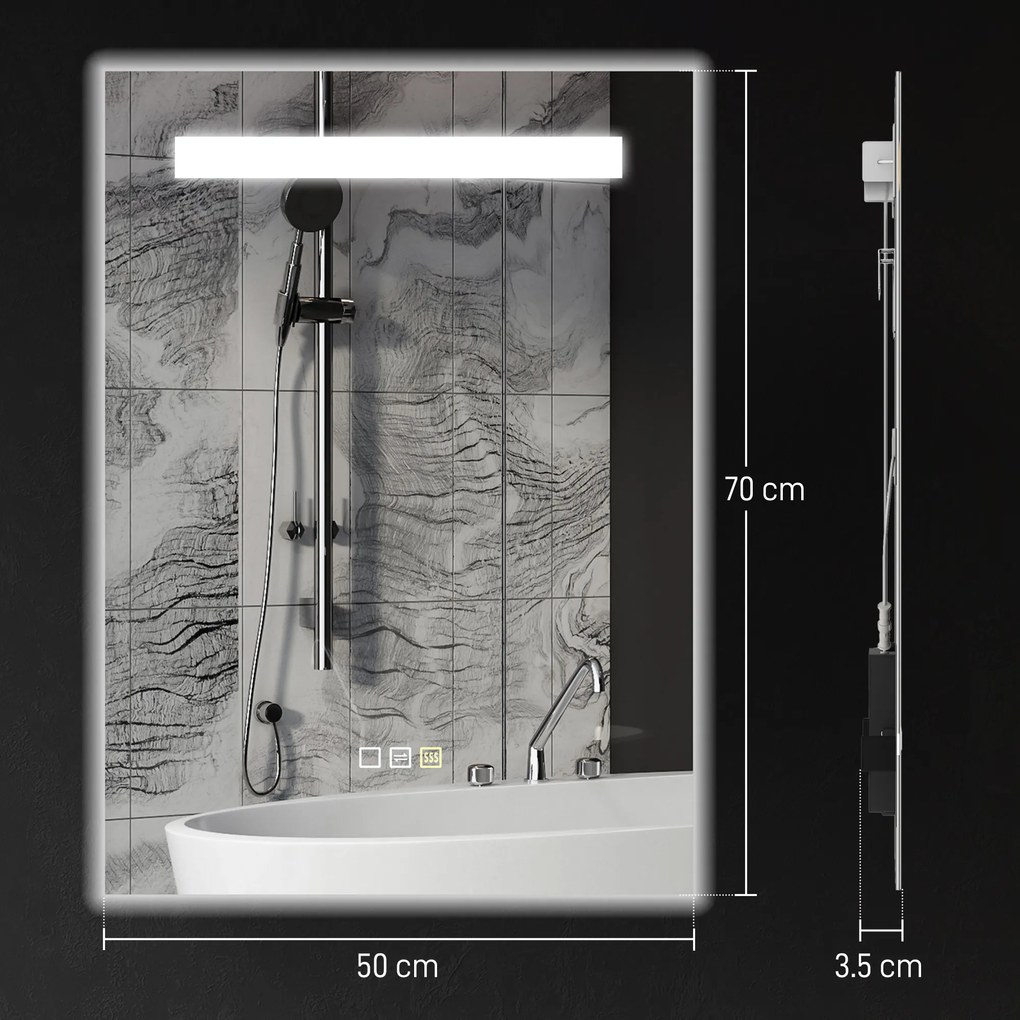 HOMCOM Oglindă de baie cu lumină LED 70x50 cm cu 3 culori de lumină, funcție anti-aburire, funcție memorie, IP44 | Aosom Romania
