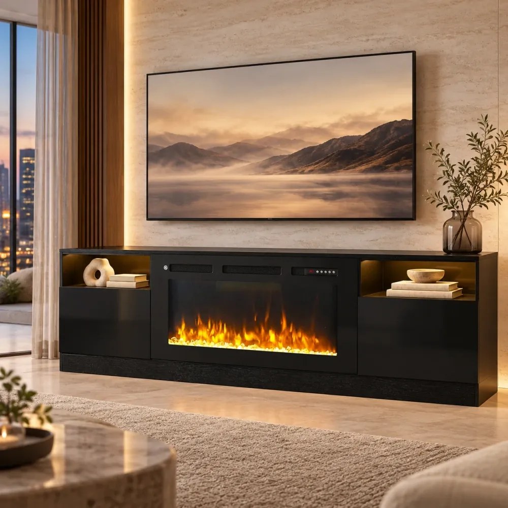 Comodă TV cu șemineu electric LED integrat – 178×35×59 cm, 12 culori flacără, Încălzire 750/1500 W, Telecomandă, Negru