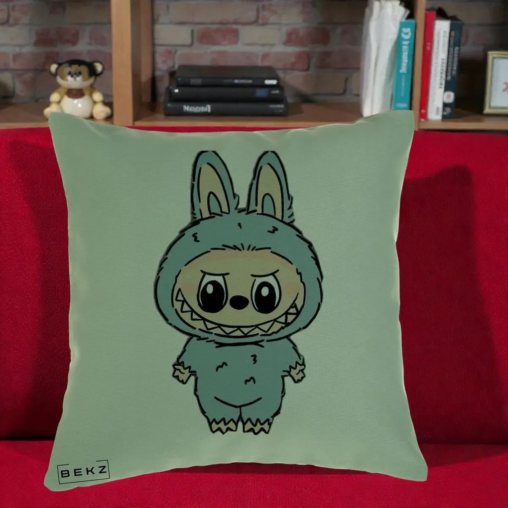 Perna Personalizata Labubu Albastru-Gri Solo, 40x40 cm, Verde, Husa Detasabila, Perna Inclusa, BEKZ®
