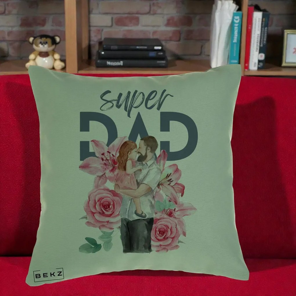 Cadou pentru Tata - Perna Personalizata Super Dad Tata cu Fetita si Flori, 40x40 cm, Verde, Husa Detasabila, Perna Inclusa, BEKZ®