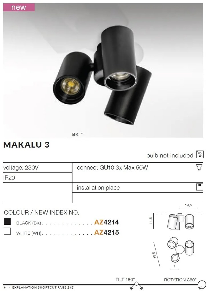 Spot modern directionabil aplicat tavan/plafon MAKALU 3 GU10 negru
