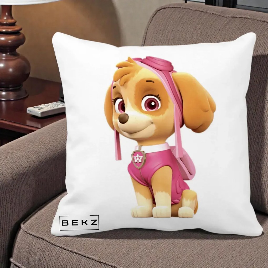Perna Personalizata Skye PAW Patrol Roz, 40x40 cm, Alba Mata, Husa Detasabila, Perna Inclusa, BEKZ®