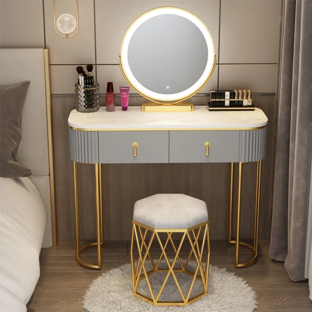 Set LISA – Masă de Toaletă pentru Machiaj, Oglindă Iluminată LED, Control Touch, Sertar, Taburet tapitat, Gri, 100x40x75 cm
