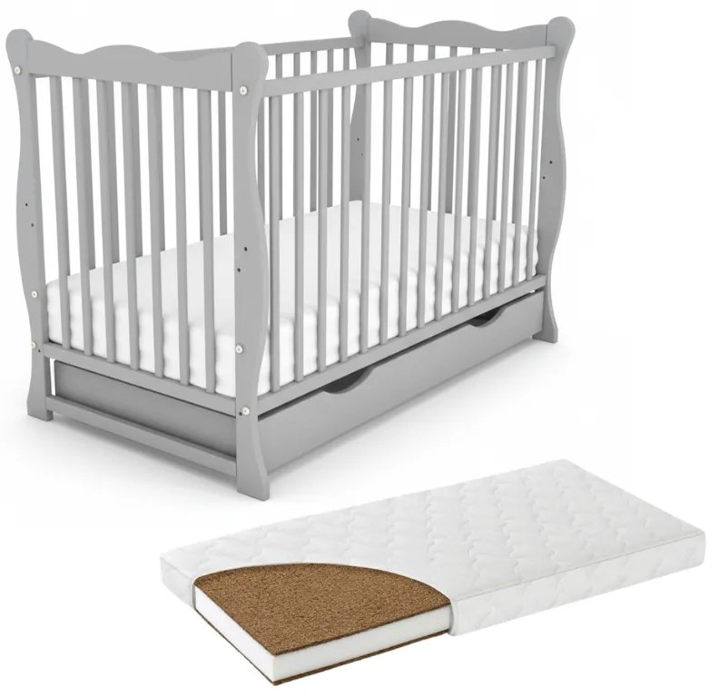 Patut din lemn masiv cu sertar si capac 120x60 cm Kidizi Isla gri si saltea cocos LUX 120x60x12 cm,reglabil pe 3 nivele, certificat EN71