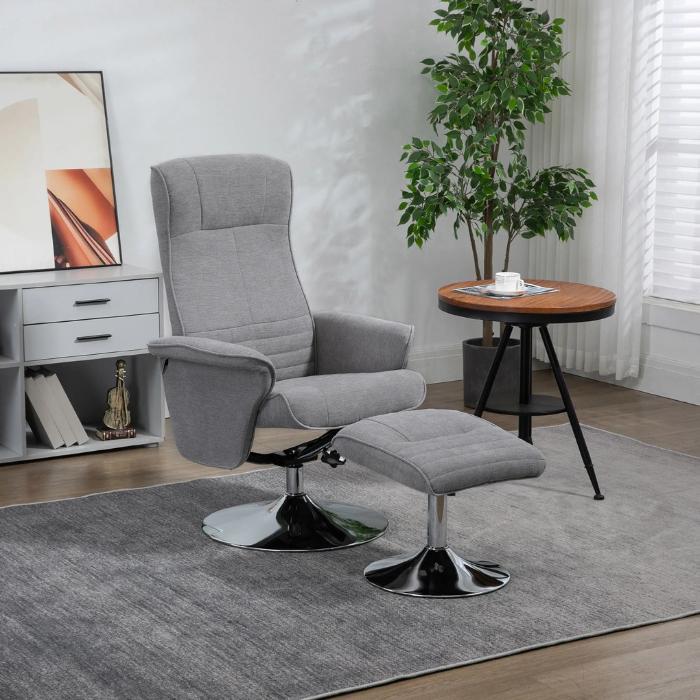 HOMCOM Fotoliu relax inclinabil 135° pivotant 360° cu rest de picior acoperire material textil gri | Aosom Romania
