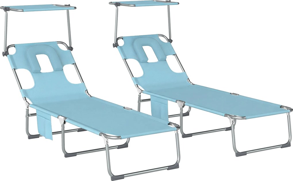 Outsunny Set de 2 Șezlonguri Pliabile Reclinabile cu Copertină 360°, Orificiu Facial, Buzunar Lateral și Textilene 550 g/m², Albastru | Aosom Romania