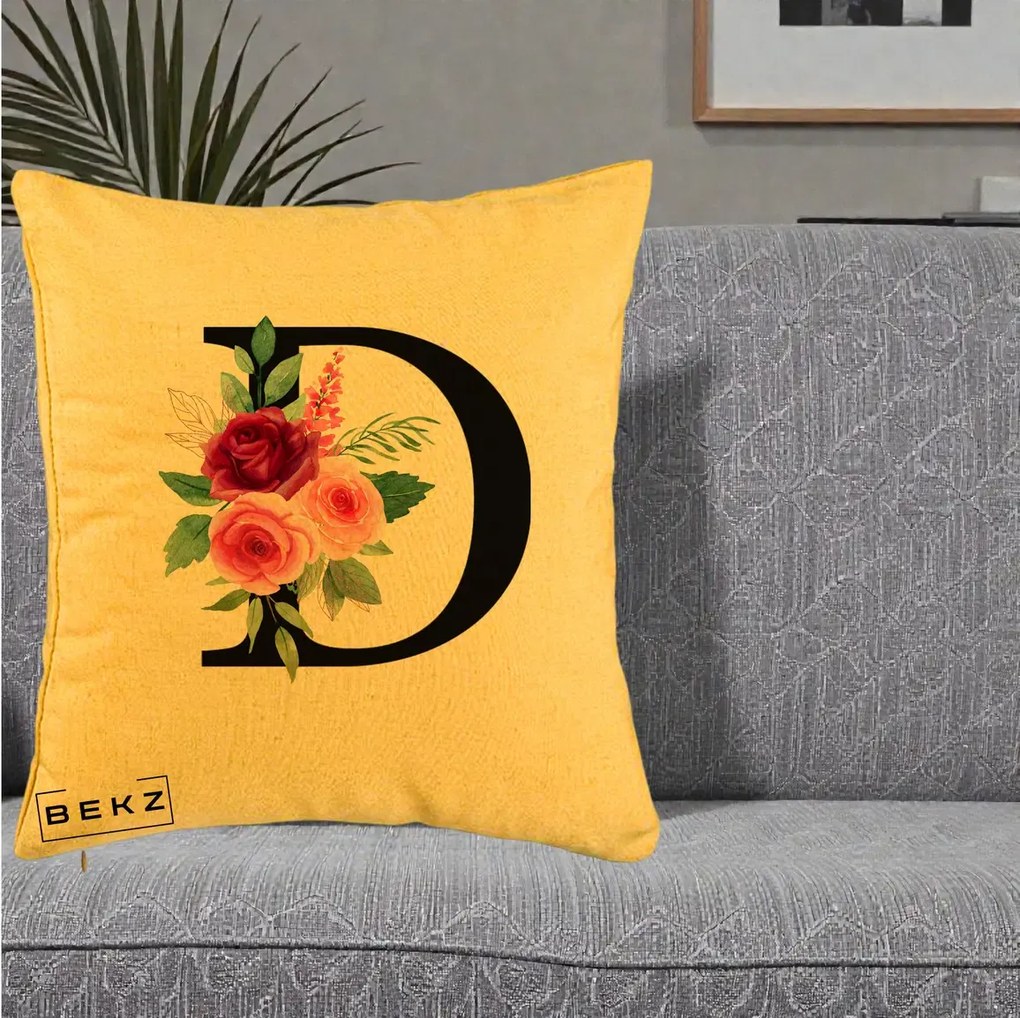 Cadou Personalizat - Perna Personalizata Monograma Florala Litera D, 40x40 cm, Galben, Husa Detasabila, Perna Inclusa, BEKZ®