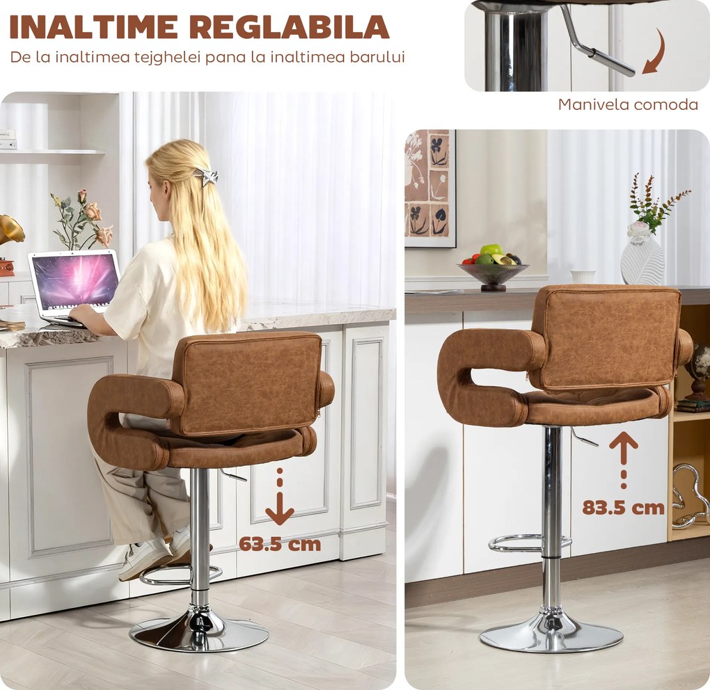 HOMCOM Taburet de Bar cu Înălțime Reglabilă, Scaun Înalt din PU cu Spătar, Suport pentru Picioare, Cotiere și Șezut Moale, Structură din Oțel, Rotativ la 360°, pentru Bucătărie, Maro | Aosom Romania