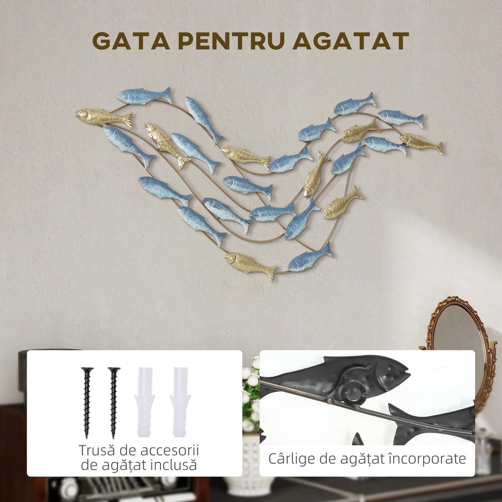 HOMCOM Artă de Perete cu Banc de Pești și Șuruburi Incluse pentru Casă și Birou, Decor Metalic, 99,7x3,8x50,2 cm, Auriu și Albastru | Aosom Romania