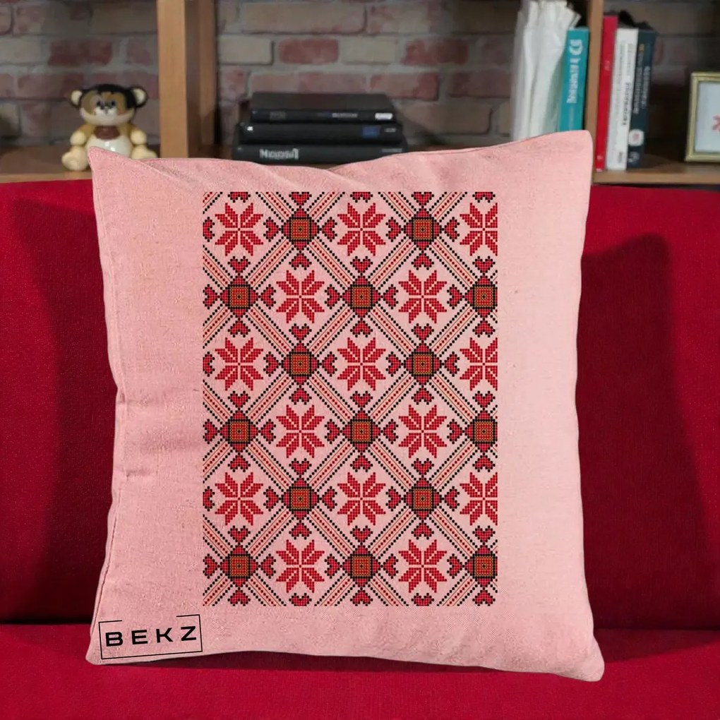 Perna Personalizata Motiv Traditional Ie Romaneasca Rosu, 40x40 cm, Roz, Husa Detasabila, Perna Inclusa, BEKZ®