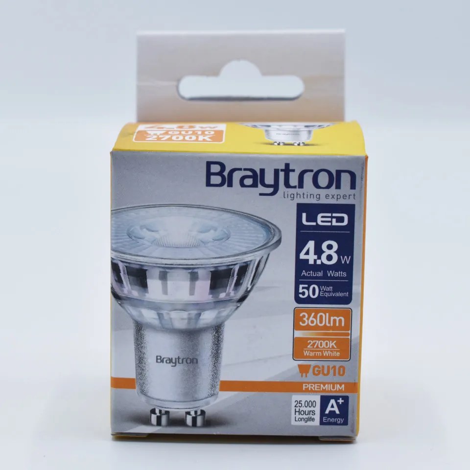 Bec LED Braytron, 4.8W(50W), GU10, 350 lm, lumina calda (2700K), semitransparent, clasa energetica F