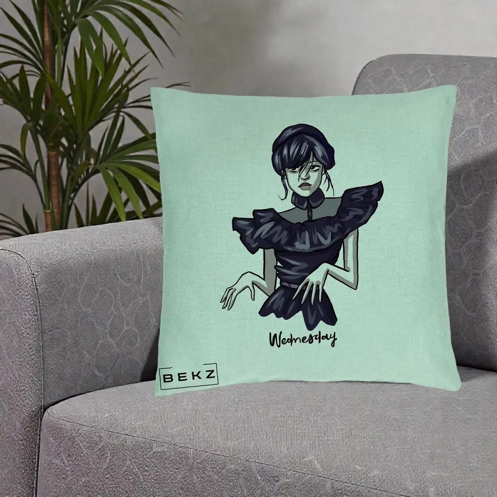 Perna Personalizata Wednesday Addams Dans Gotic, 40x40 cm, Verde Menta, Husa Detasabila, Perna Inclusa, BEKZ®