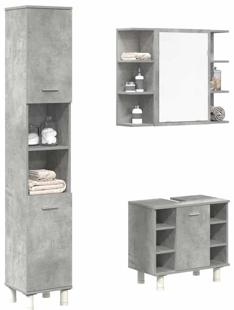 vidaXL Set mobilier de baie, 3 piese, gri beton, lemn compozit