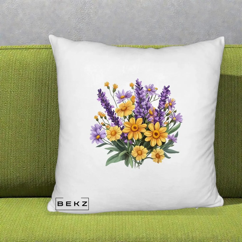 Perna Decorativa Lavanda cu Margarete Galbene si Lila, 40x40 cm, Alb Pufos, Husa Detasabila, Perna Inclusa, BEKZ®