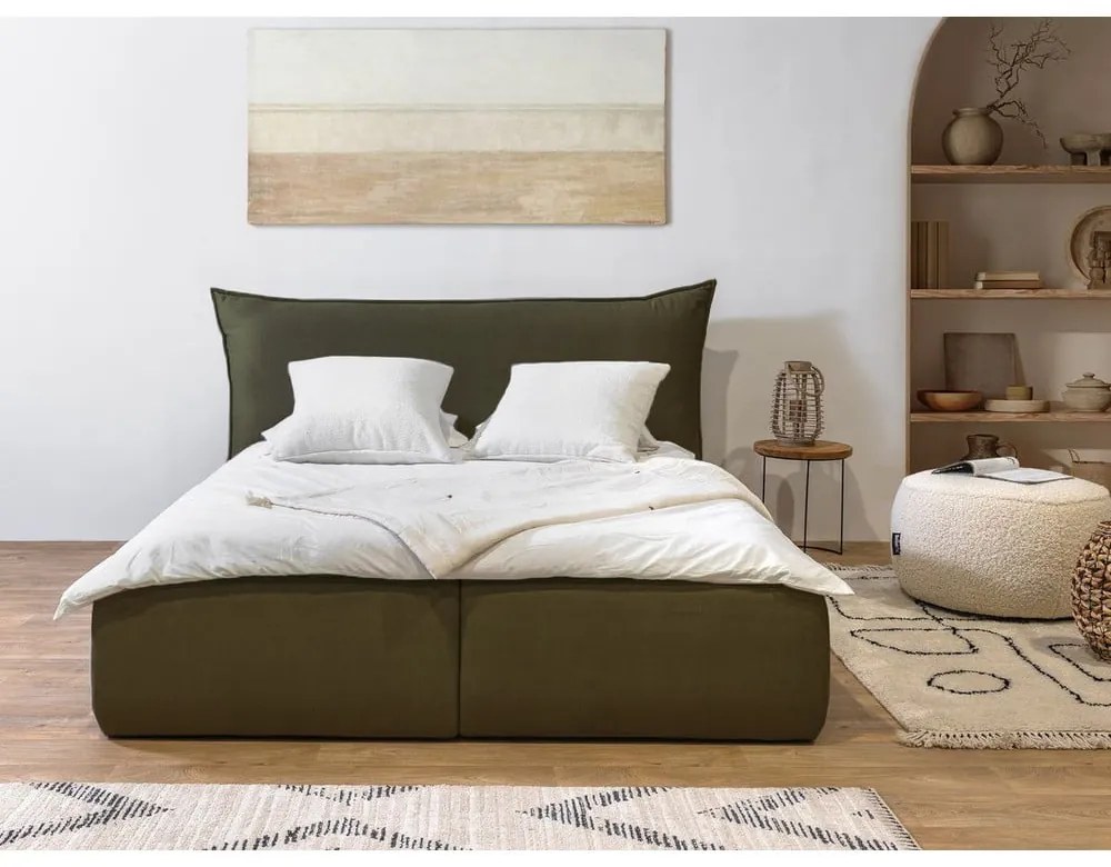 Pat matrimonial verde închis tapițat cu spațiu de depozitare cu somieră 180x200 cm Jade – Bobochic Paris